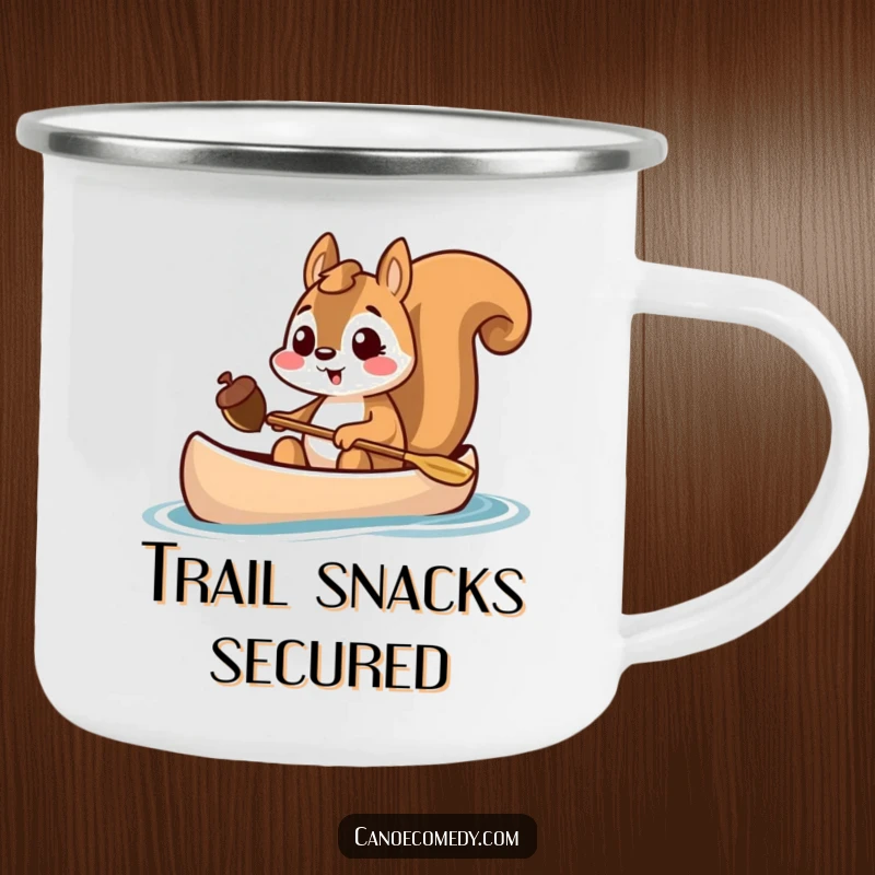 Funny squirrel holding an acorn in a canoe, excited camping mug, outdoor gear, gift for adventurers.