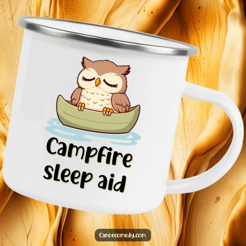 Funny owl camping mug, peacefully dozing in a canoe with a relaxed expression, a humorous and durable outdoor mug.