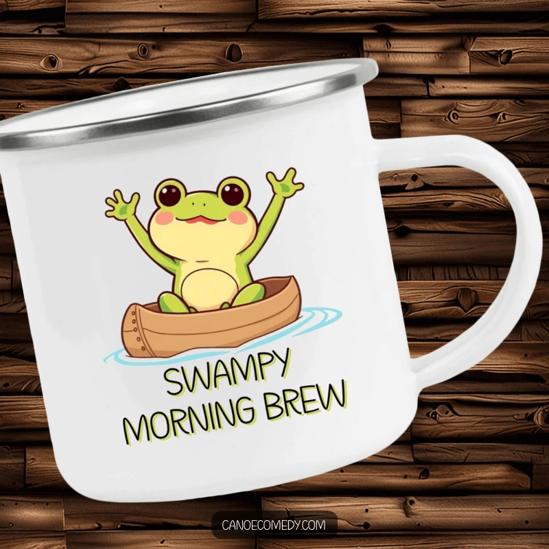 Cute Kawaii frog excitedly waving its arms while paddling a canoe, printed on a rugged and humorous camping mug.
