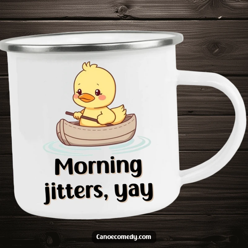 Funny camping mug featuring a shy kawaii duckling in a tiny canoe, looking nervous, perfect for humorous outdoor sipping.