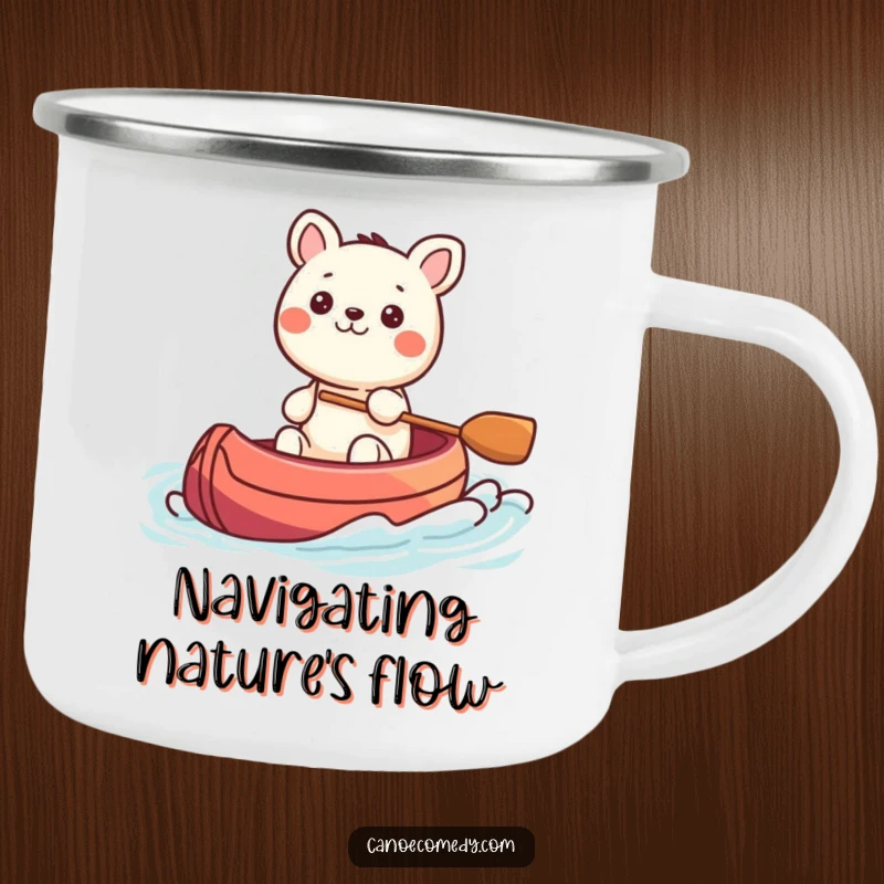 Funny Kawaii animal character steering a colorful canoe through gentle waves, a sturdy camping mug for peaceful outdoor moments.