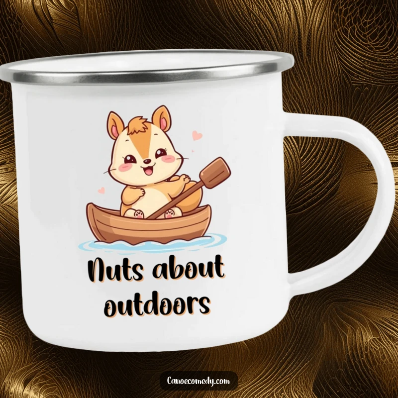 Funny Kawaii Squirrel Camping Mug: Giggling squirrel waves from a nutshell canoe, perfect for outdoor adventures.
