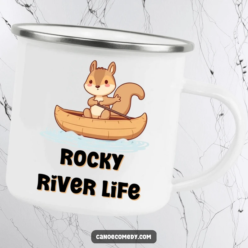 Funny squirrel character balancing in a rocking canoe, perfect for a durable camping mug that's a funny outdoor gift.