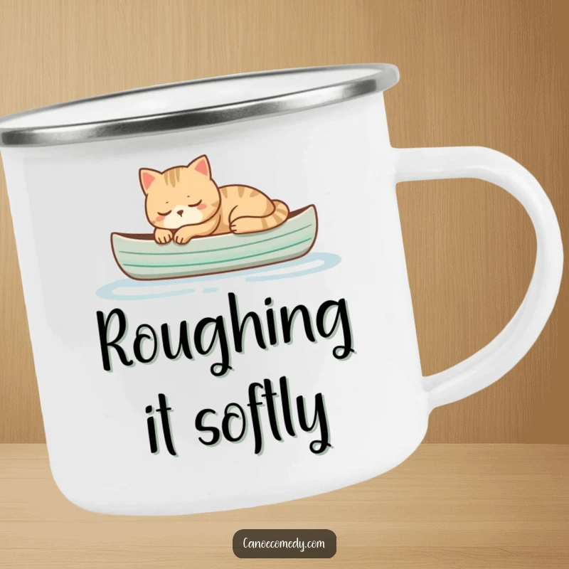 Funny cat sleeping peacefully in a small canoe, a humorous and peaceful camping mug for enjoying outdoor tranquility.