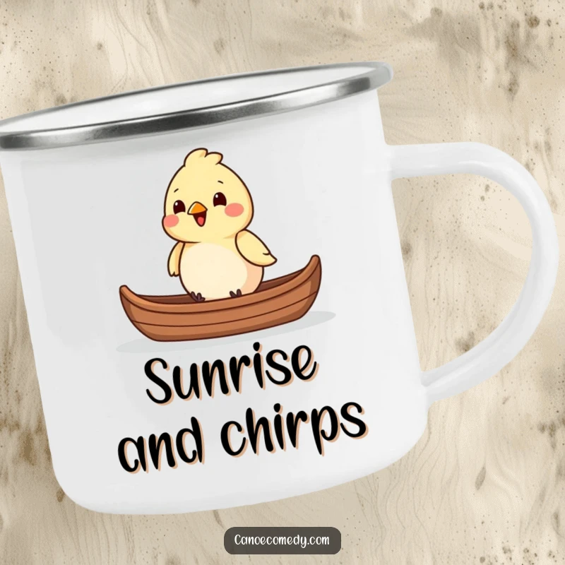 Funny chirpy bird sitting in the front of a canoe, ideal for a durable camping mug and a funny outdoor gift.