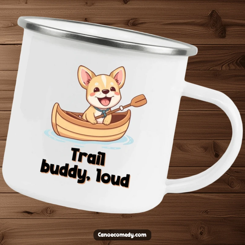 Funny small dog cheerfully barking with excitement from a canoe, a humorous and durable camping mug for outdoor adventures.