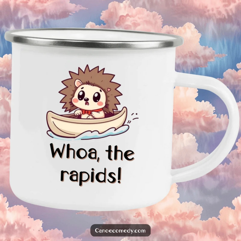 Funny Kawaii hedgehog camping mug showing a surprised hedgehog in a canoe as it speeds up.