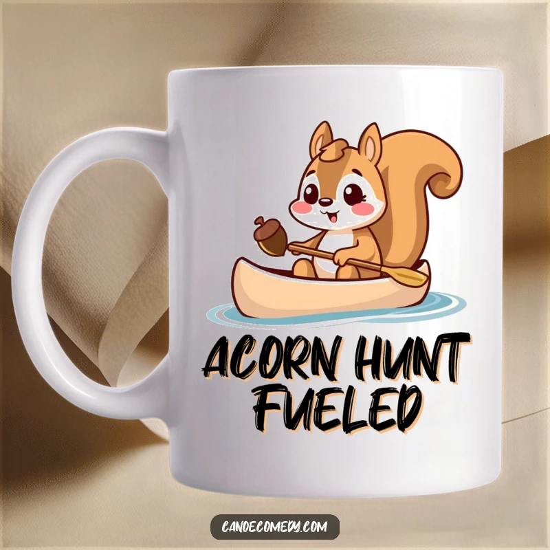 Funny squirrel in a canoe, excitedly holding an acorn, treasure hunter theme, cheerful animal mug.