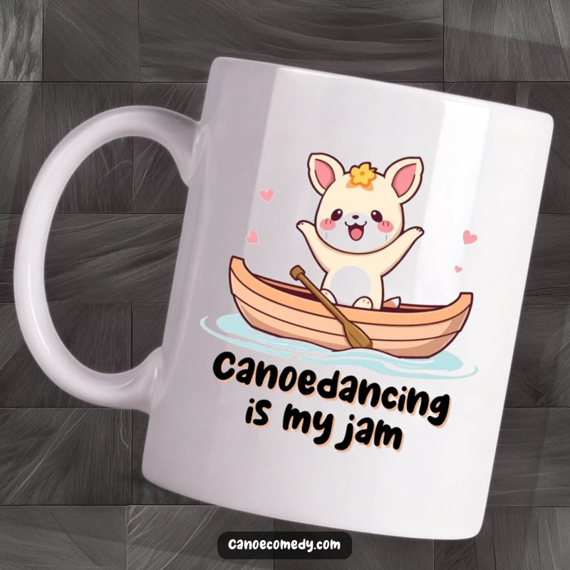 Funny Kawaii animal character doing a happy dance inside a small canoe on a mug, embodying pure glee.