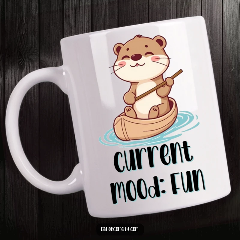 Funny otter character playfully steering a canoe with a stick, conveying joy and adventure for a funny gift.