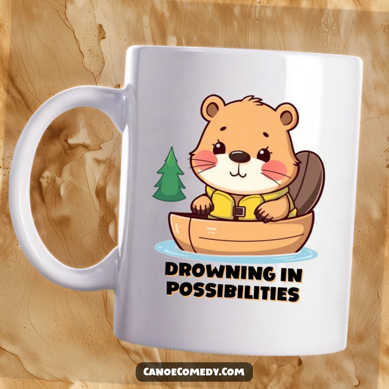 Funny kawaii beaver in a life jacket peeking curiously over a canoe edge, ready for adventure, great for humor lovers.