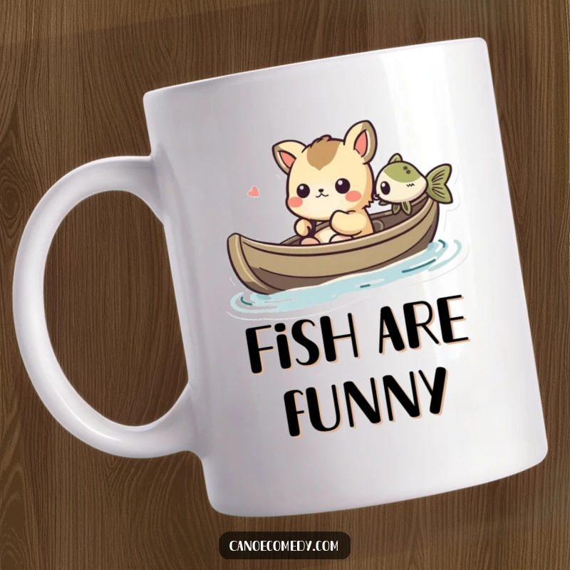 Funny Kawaii animal character in a canoe, looking amused at a small fish swimming nearby, on a mug.