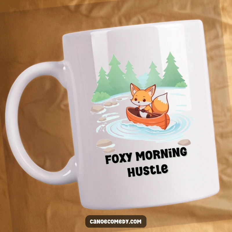 Funny Kawaii Fox Mug: Determined fox navigates a canoe through gentle rapids with focus and charm.