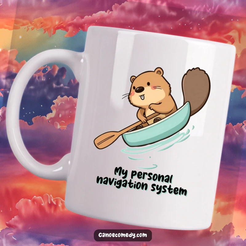 Funny beaver mug, comically paddling a canoe backward with a determined yet confused expression, perfect for outdoor lovers gift.