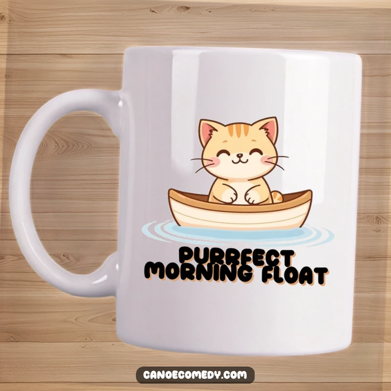 Funny Cat Floating Canoe Mug, showing a happy cat blissfully floating in a miniature canoe, embodying pure relaxation.