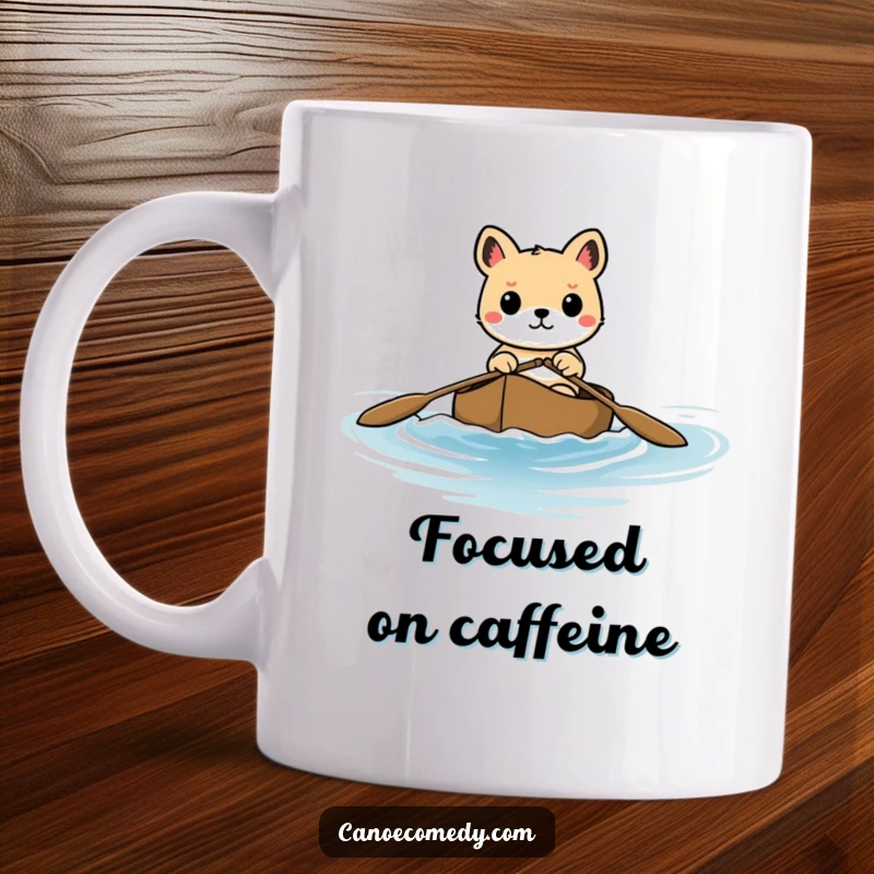 Funny mug of a focused animal skillfully navigating a canoe through gentle waves with a determined expression, ready for adventure.