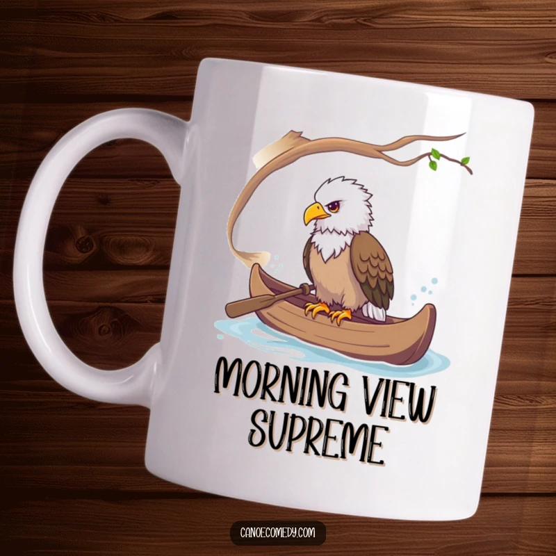 Funny image of a majestic eagle perched regally in a canoe, keenly observing its surroundings.