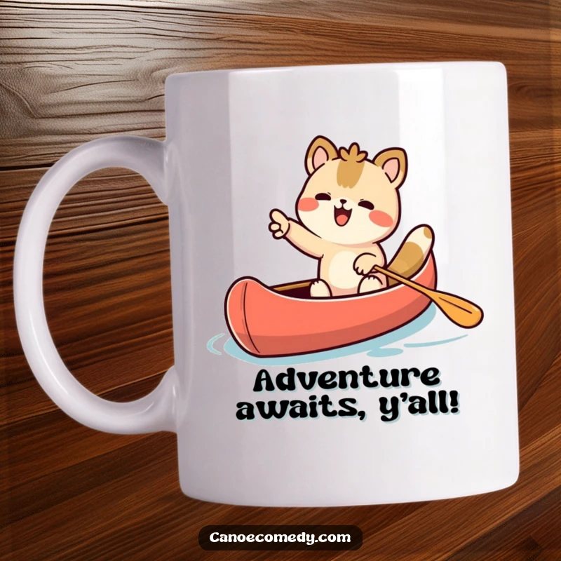 Funny Kawaii animal character excitedly pointing forward from a canoe, on a mug, symbolizing adventure.
