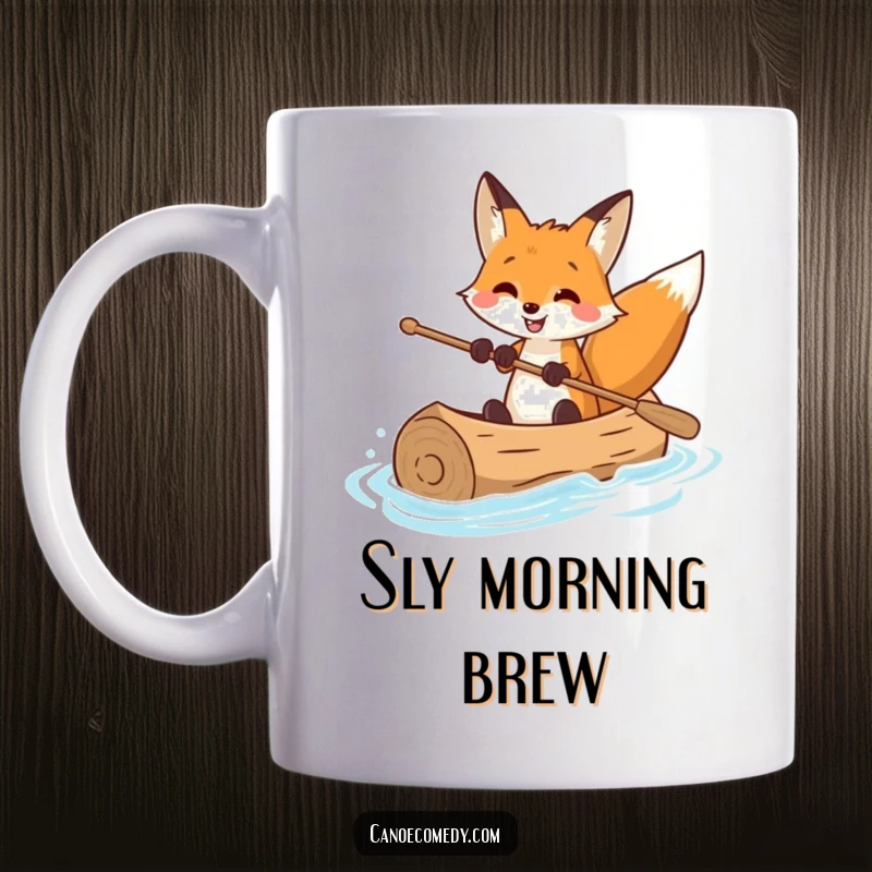 Funny mug featuring a fox with a big smile skillfully steering a log canoe, looking like a true water navigation expert.
