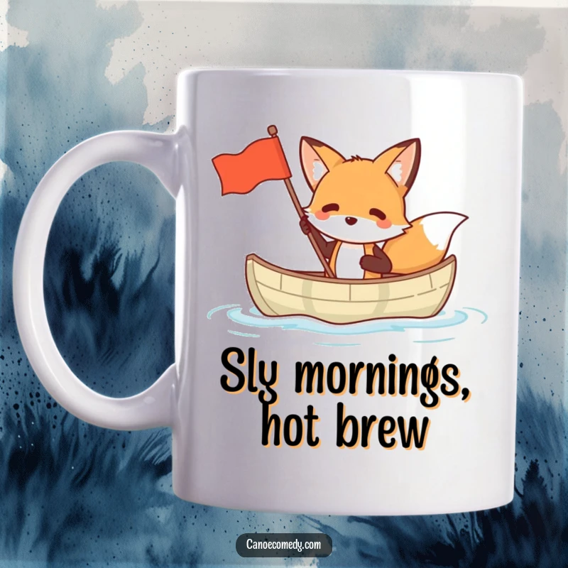 Funny fox mug showing a clever fox in a small canoe waving a flag enthusiastically.