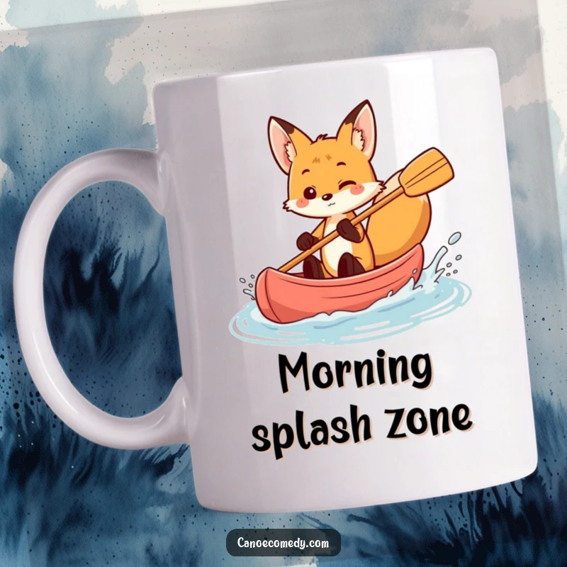 Funny fox in a canoe, playfully splashing water with its paddle, energetic and mischievous animal mug.