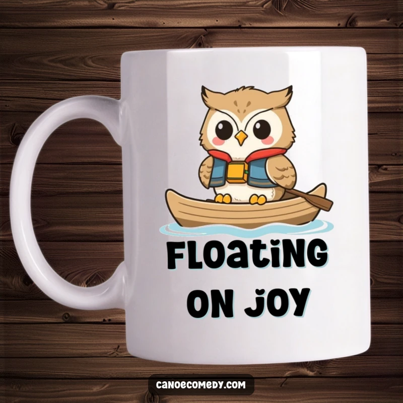 Funny owl mug, wearing a life vest and smiling peacefully while floating in a canoe, representing ultimate relaxation.