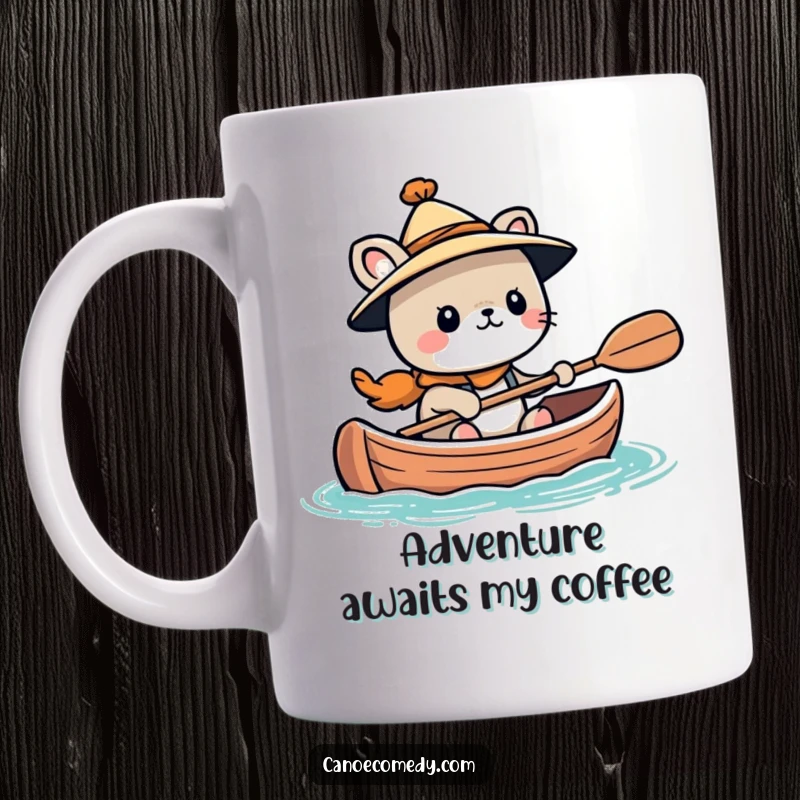 Funny Kawaii animal character wearing a tiny hat, looking adventurous while in a canoe, ready for exploration, on a mug.