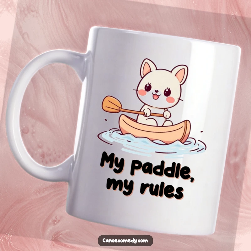 Funny Kawaii animal character paddling a tiny canoe with immense enthusiasm, radiating joy and a love for adventure, perfect for a mug.