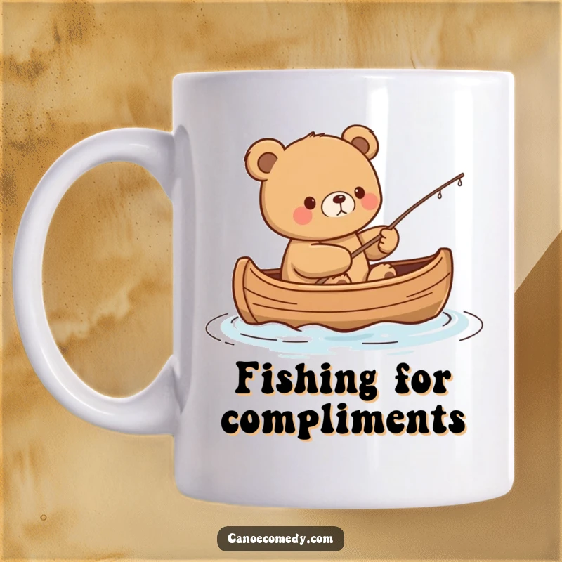Funny Kawaii Bear Mug: Content bear fishes peacefully from a sturdy canoe with a small line, embodying relaxation.