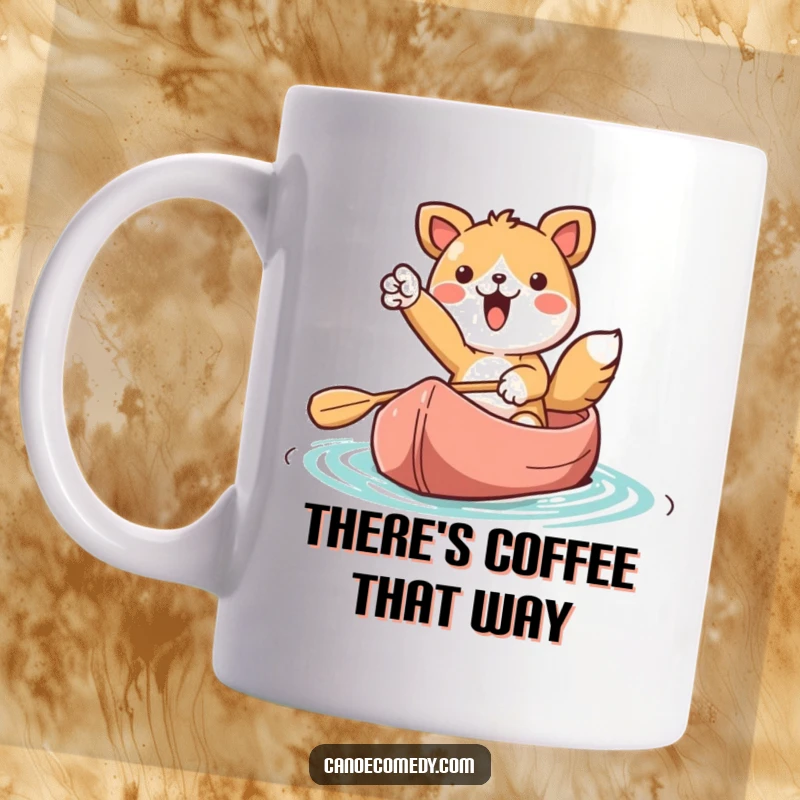 Funny Kawaii animal character excitedly pointing forward from a canoe on a mug, conveying anticipation and joy.