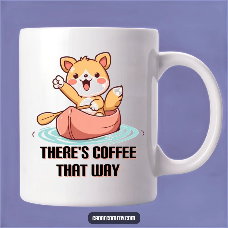 Funny Kawaii Canoe Adventure Mug: Excited Animal Points to Fun Destination Gift