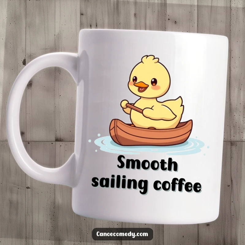 Funny, smiling Kawaii duck paddling a tiny canoe with a cute, happy expression on a mug.