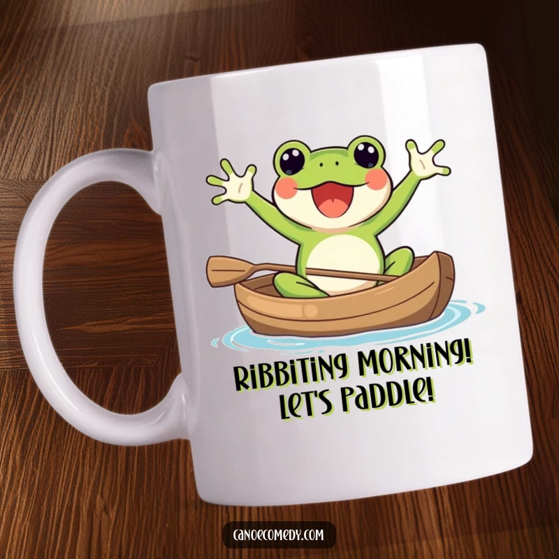 Funny Kawaii frog in a canoe, excitedly waving its arms with pure joy, perfect for nature and adventure enthusiasts.