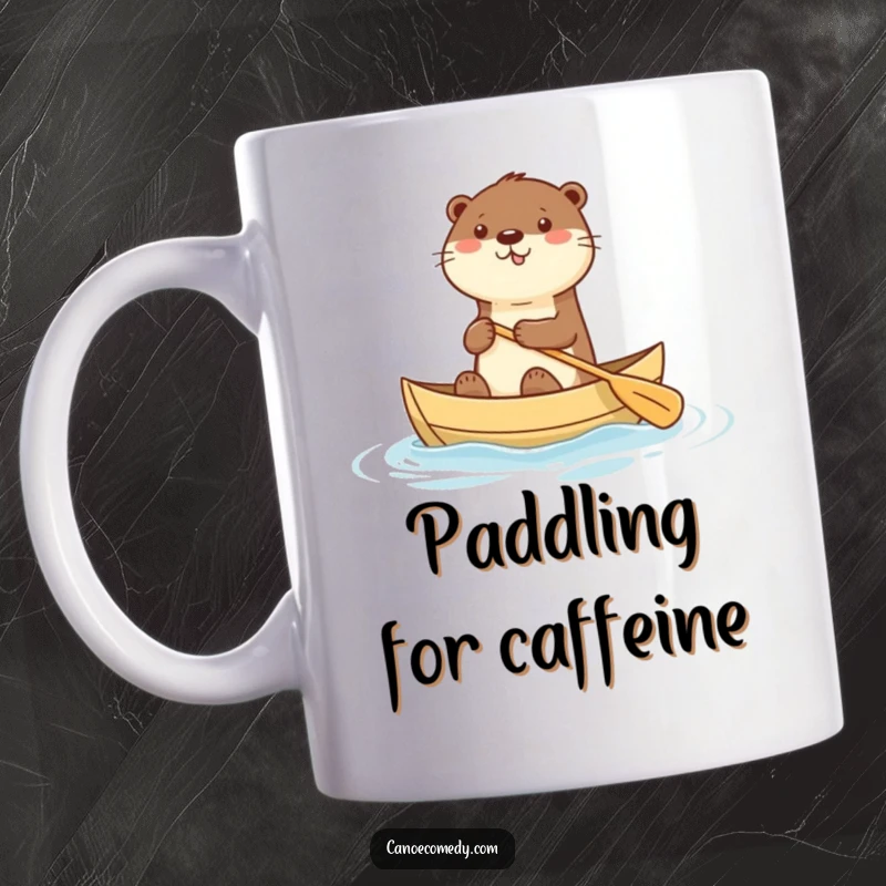 Funny mug featuring a happy kawaii otter enthusiastically paddling a small canoe, radiating cheerful energy and water fun.