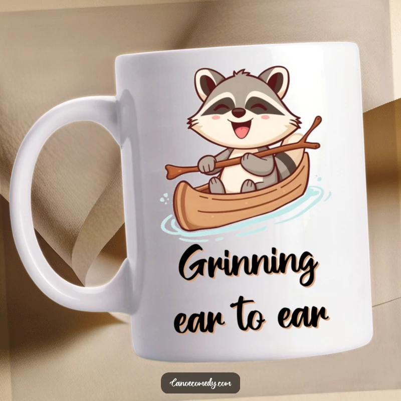 Funny kawaii raccoon in a canoe, steering with a twig, grinning broadly, embodying cheerful mischief and humor.