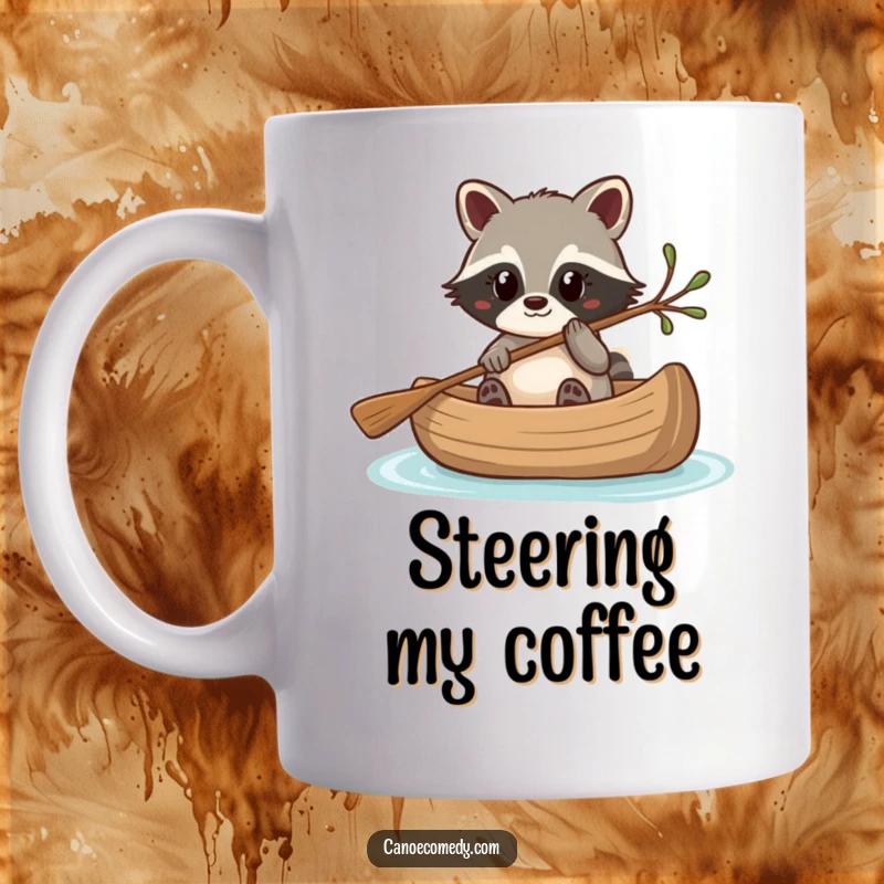 Funny Kawaii raccoon in a canoe, cleverly steering with a twig, a humorous and resourceful mug design.