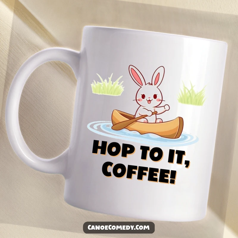 Funny mug featuring a cheerful rabbit character paddling a canoe with pure excitement and joy, ready for a hilarious adventure.