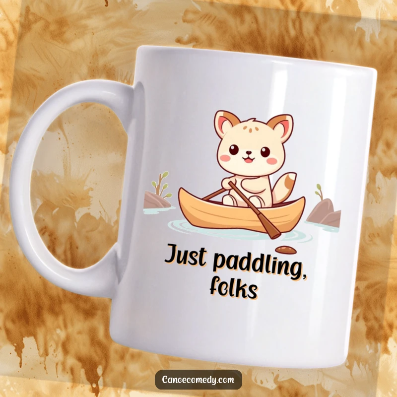 Funny Kawaii animal character hilariously balancing in a tiny canoe, spilling water, making it a comical gift.