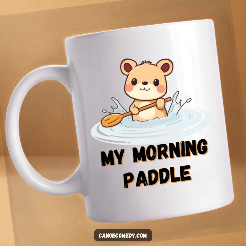 Funny mug of a joyful animal energetically splashing water with a paddle in a serene river, embodying pure, unadulterated fun.
