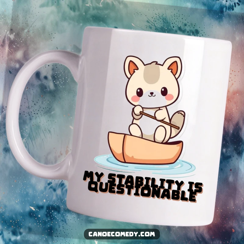 Funny Kawaii animal character wobbling precariously in a small canoe on a mug, expressing adorable struggle.