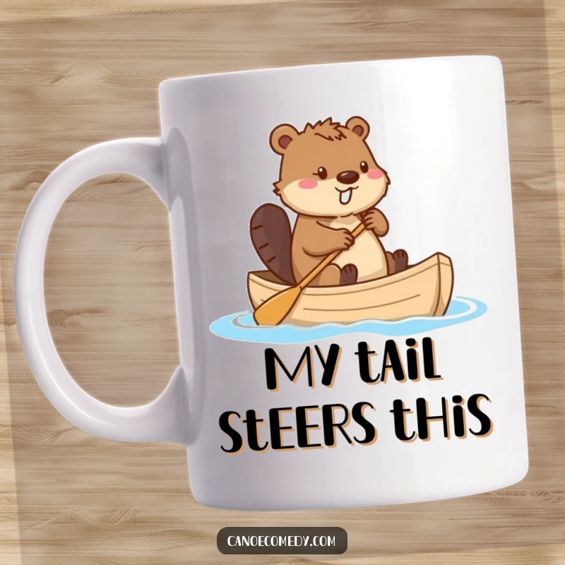 Funny beaver in a canoe using its tail as a rudder, paddling with determination and a hint of mischief, conveying a comical sense of adventure.
