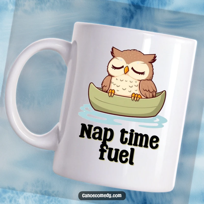 Funny owl mug, peacefully dozing in a canoe with a relaxed expression, embodying ultimate tranquility and comfort.