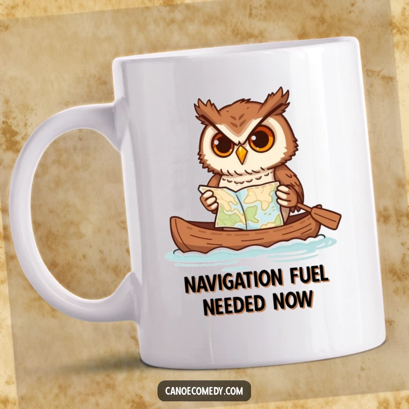 Funny owl mug, expertly paddling a canoe while comically battling a map, showcasing determination and a touch of silliness.