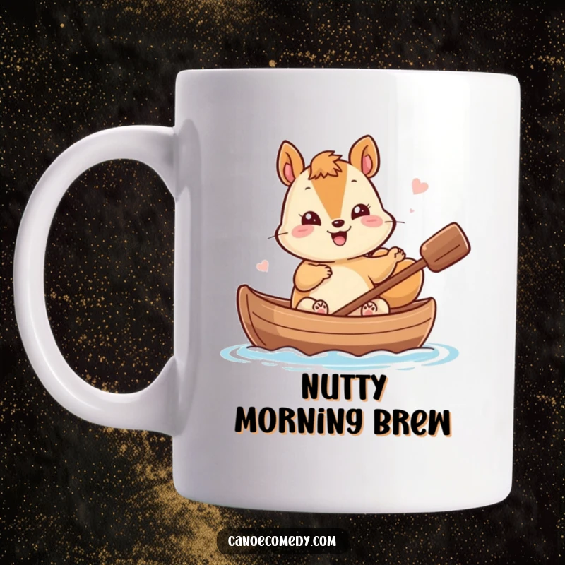 Funny Kawaii Squirrel Mug: A giggling squirrel waves from its nutshell canoe, bringing cheerful vibes.