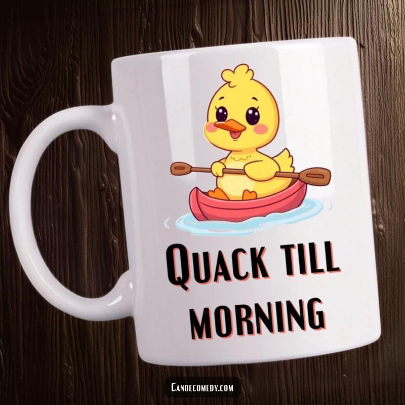 Funny Kawaii Duck Canoe Mug showing a happy duck character paddling a tiny canoe with a huge, infectious smile.