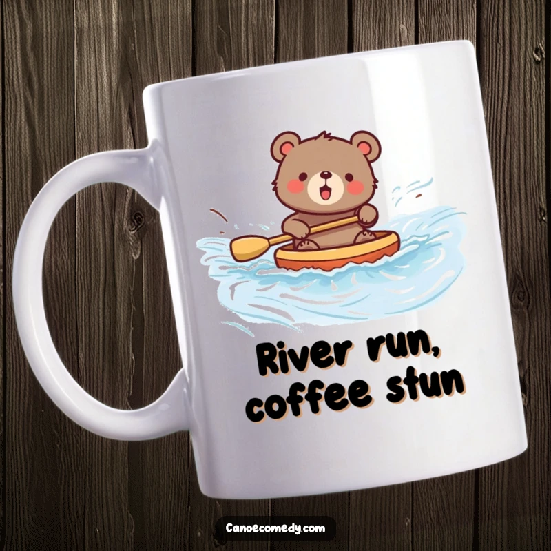 Funny bear mug with a joyful bear paddling a canoe down a fast river, embodying pure adventure and happiness.
