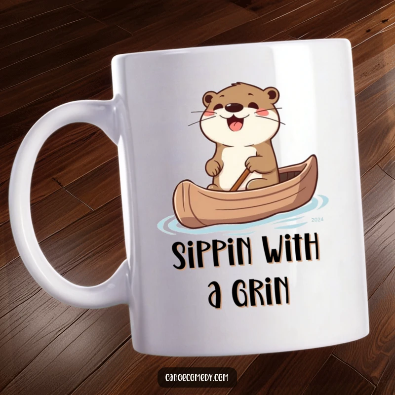 Funny Otter Mug: A joyful otter with twitching whiskers excitedly steers a canoe through the water.