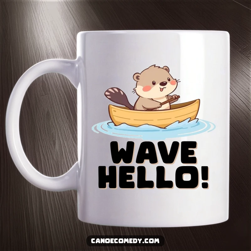 Funny kawaii muskrat in a tiny canoe, playfully splashing water with its tail, ideal for humor lovers and water enthusiasts.