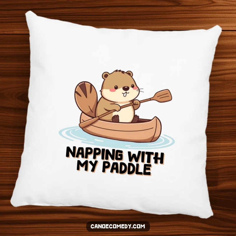 Funny Kawaii beaver relaxing in a canoe, its tail acting as a paddle, a soft and humorous decorative pillow.