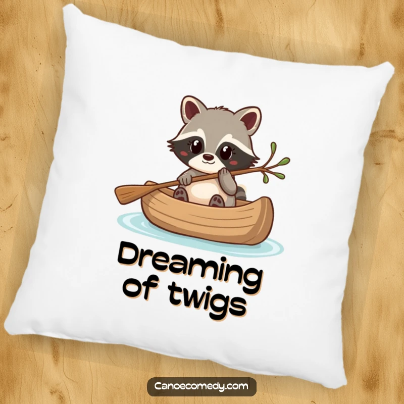Funny Kawaii raccoon steering a canoe with a twig, a soft and humorous decorative pillow.